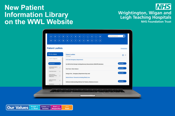 Graphic showing laptop with screenshot of new patient information library