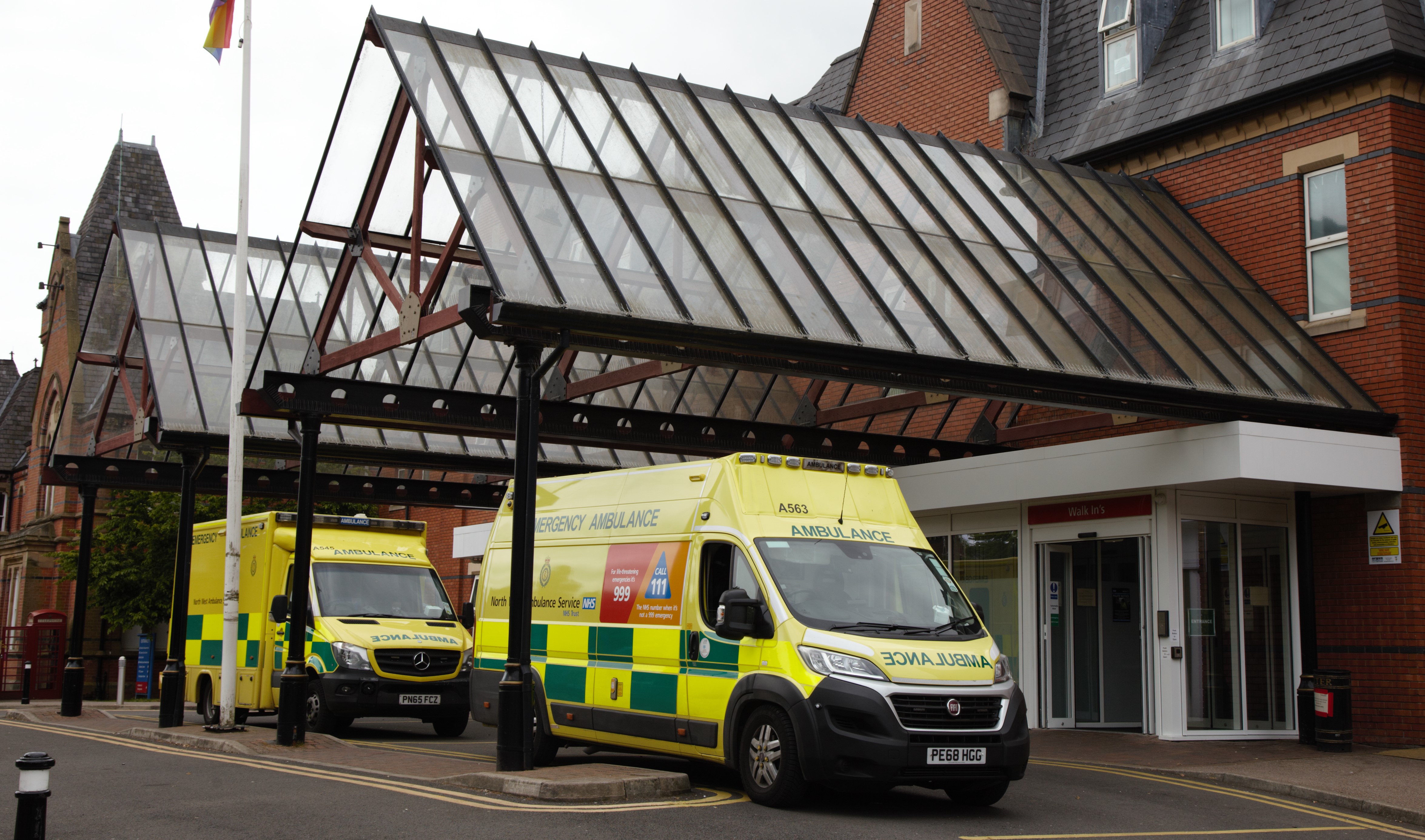 Ambulances parked outside of the Emergency Department at Royal Albert Edward Infirmary in Wigan
